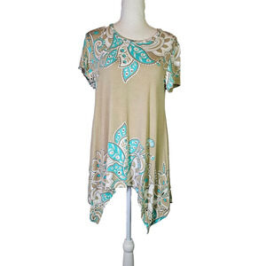 Chelsea & Theodore Paisley Short Sleeve Top Size L Tunic Round Neck Whimsical